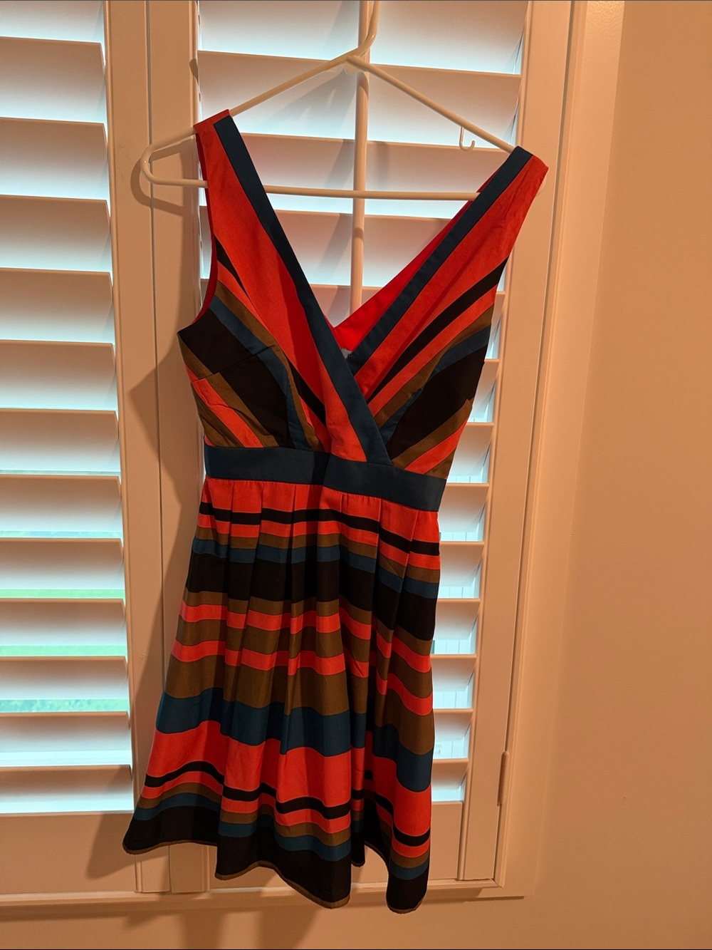 Minuet Petite Multicolor Striped V‑Neck Mini Dress in Red, Blue, Brown
